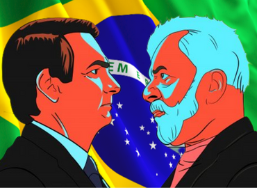 Illustration of Bolsonaro (left) and Lula (right) lokking at each other, with the Brazilian flag on the background.